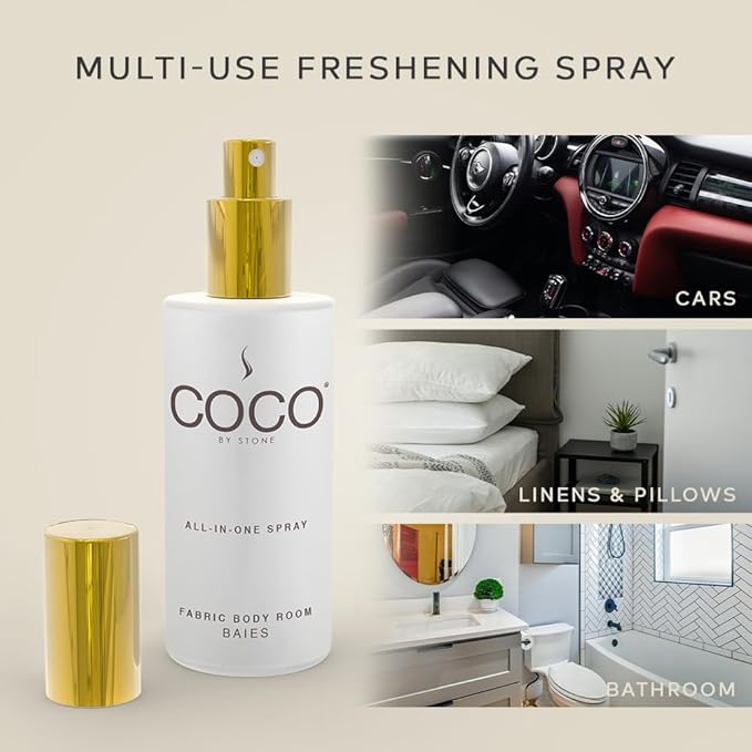 COCO by Stone 5oz All-in-One Spray (Baies) Shake & Spray Formula for Fabric, Pillows, Interiors, Clothing, Home Fragrance Accessories, Room Perfume, Room Deodorizer, Vegan & Cruelty-Free
