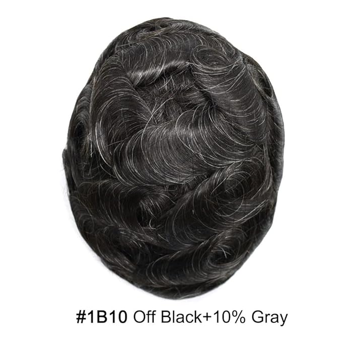 Toupee for Men French Lace Center Human Hair Replacement Systems Transparent Lace Center Hair Piece Mens Toupee Hair Units for Man 8"X10" #1B10 1B# OFF BLACK WITH 10% SYNTHETIC GREY