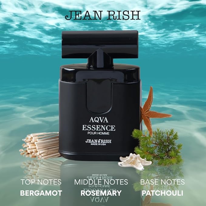 Jean Rish Aqva Essence Eau De Toilette - Perfume for Men (3.4 Fl Oz / 100ml) with Bergamot, Rosemary & Patchouli Notes - Long Lasting and Luxury Fragrance, Made in USA