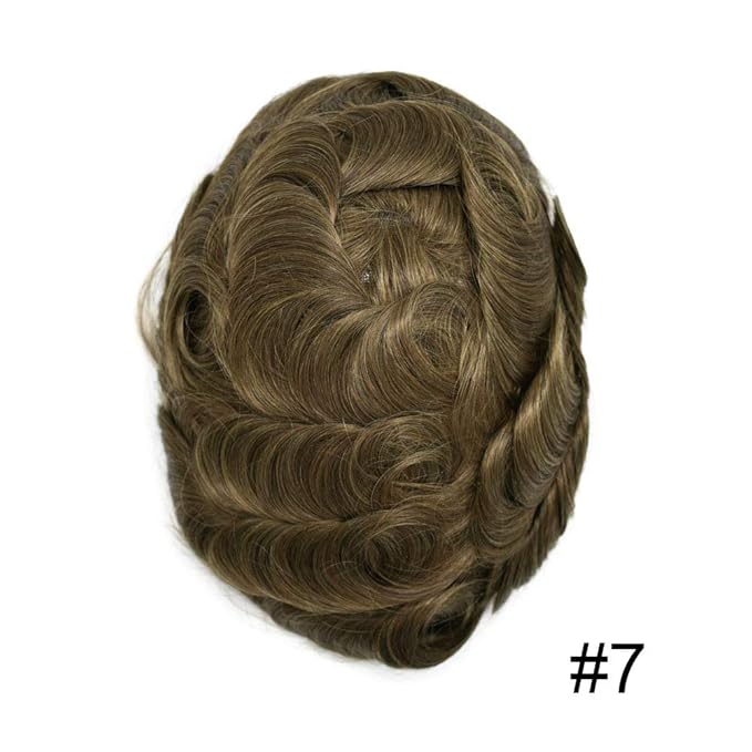 FACE MIRACLE Hair System for Men French Lace Mens Toupee Human Hair Replacement System Lace with PU Toupee for Men Male Hair Piece Wigs 7"X9" 7# VERY LIGHT BROWN