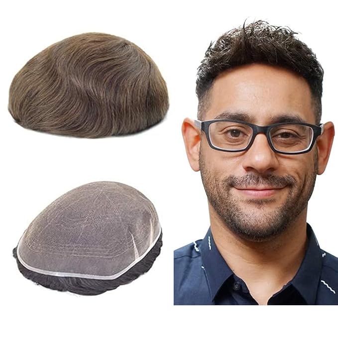 Lordhair Toupee for Men European human hair Full French Lace Hairpieces，Base Size 7x9 inch Hair Replacement System for Men Natural Hairline Human Hair Wig Medium Brown #5