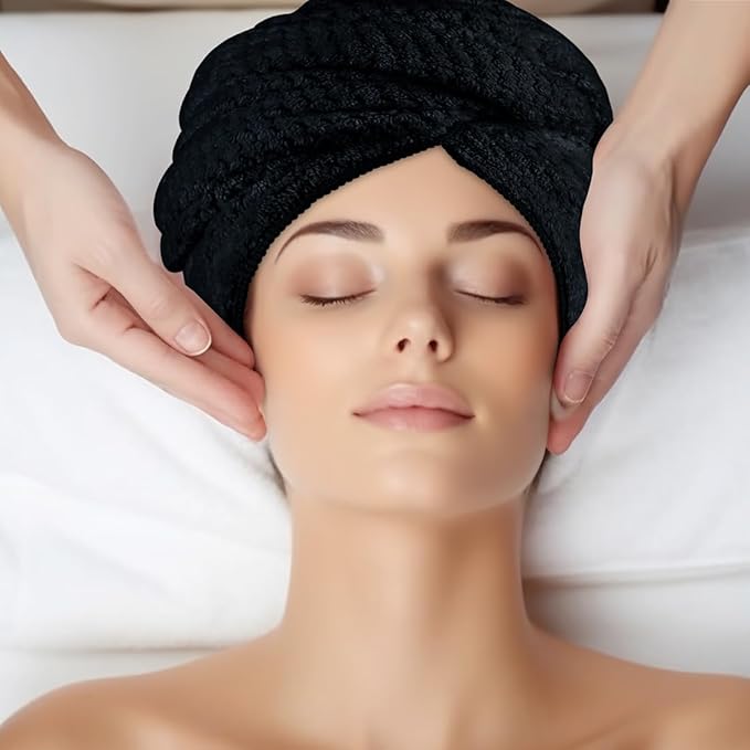 HOMEXCEL 5 Pack Large Microfiber Hair Towel Wrap for Women, Black- 40 x 20 inches Super Soft, Fast Drying Turbans for Long, Thick, Curly Hair - Anti Frizz Wrap with Elastic Strap