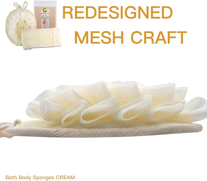 Mesh Pouf Body Sponge Set - Redesign Bath Loofahs Shower Puffs 2 Pack & Exfoliating Natural Loofah Back Scrubber. How to - Great Gift for A Glowing Skin & Healthy Body