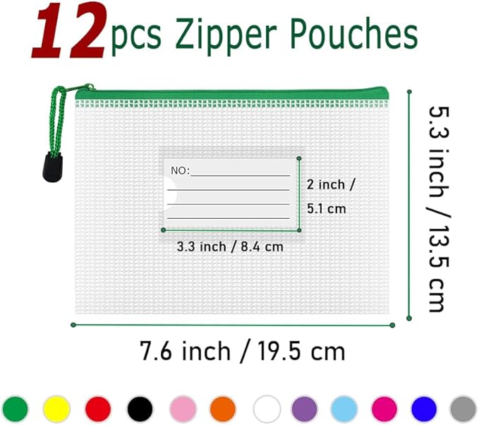 AUSTARK Plastic Mesh Zipper Pouch, 12Pcs Zipper File Bags with Label Pocket, Game Boards Storage Bags, Waterproof Document Storage Bags for Office Home Travel (B6 Size 7.6x5.3 in)