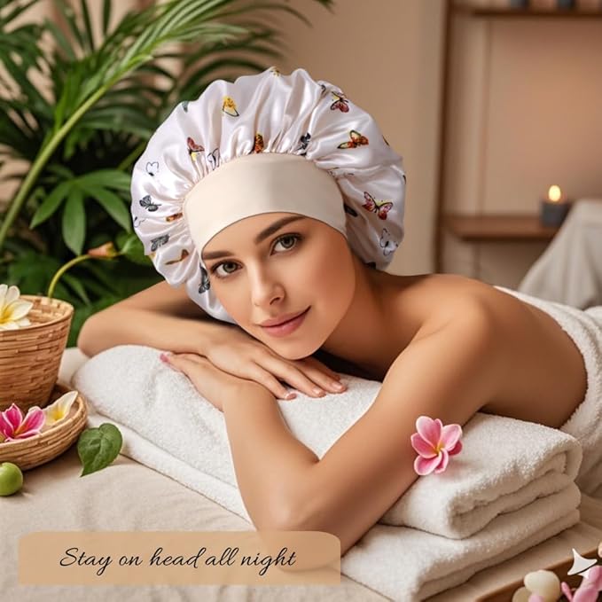 3+3 Large Satin Bonnets with Scrunchies for Women, Wide Band Hair Bonnet for Sleeping Braids Curly Hair