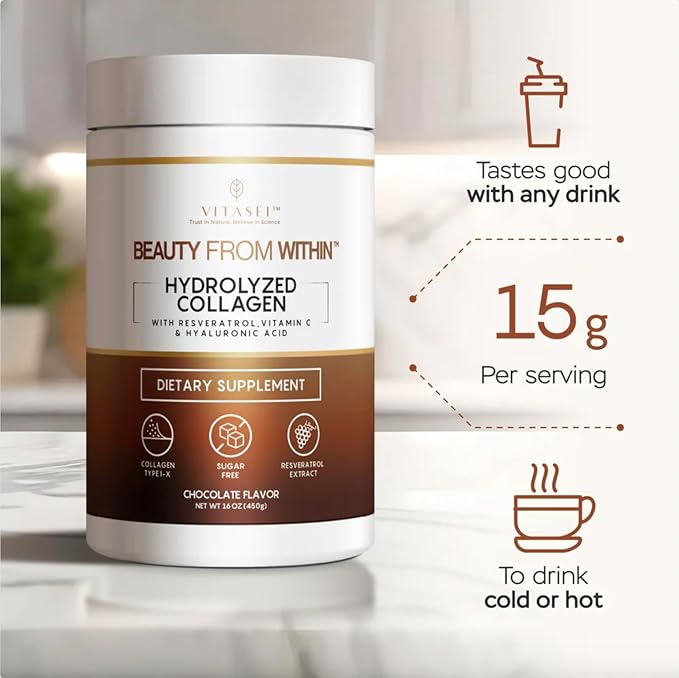 Hydrolyzed Collagen Peptides Powder with Vitamin C & Resveratrol - Hair, Skin and Nails Vitamins for Women & Men - Bone and Joint Supplement - Chocolate Flavored - 16 oz