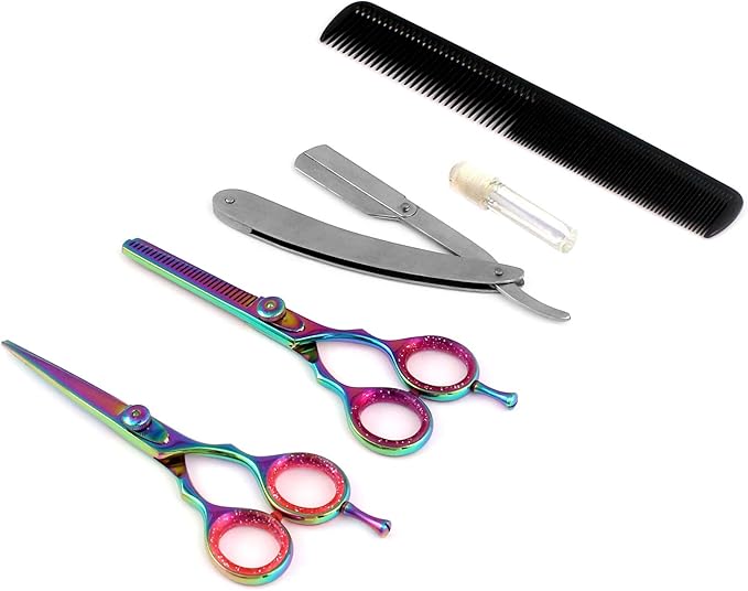 G.S Professional Titanium Barber Scissor Razors Edge Hair Cutting 5 Pcs Set 5.5" Barber Shears W/5.5" Texturizing/Thinning Shears Made of Japanese Stainless Steel with Black Leather Case