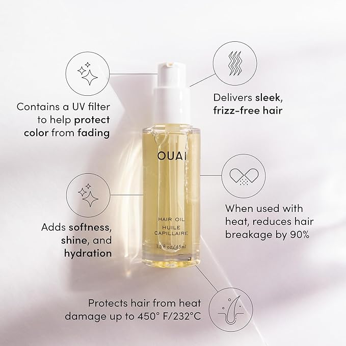 OUAI Hair Oil Travel Size - Hair Heat Protectant Oil for Frizz Control - Adds Shine and Smooths Split Ends - Color Safe Formula - Paraben, Phthalate and Sulfate Free (0.45 oz)