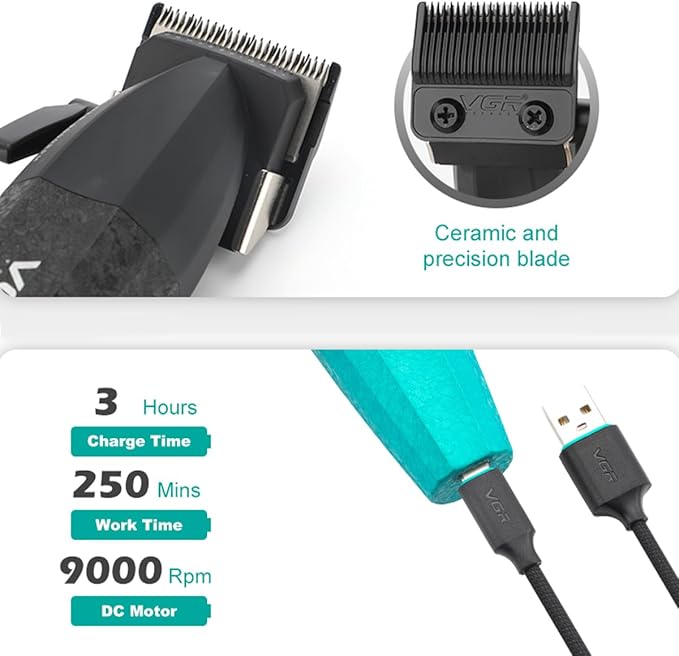 VGR 640S2 Professional Hair Clippers for Men, 9000RPM Cordless Barber Clippers and Trimmers Set, Zero Gap T-Blade Hair Cutting Kit, DLC Coated Ceramic Blade Barber Kit with LED Display(Green)