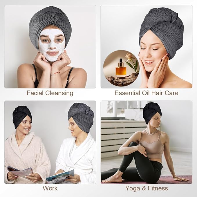 HOMEXCEL 2 Pack XL Microfiber Hair Towels Waffle Weave- 40 x 26.5 inches Fast Drying Turbans for Long, Thick, Curly Hair - Anti Frizz Wrap with Elastic Strap, Black/Grey
