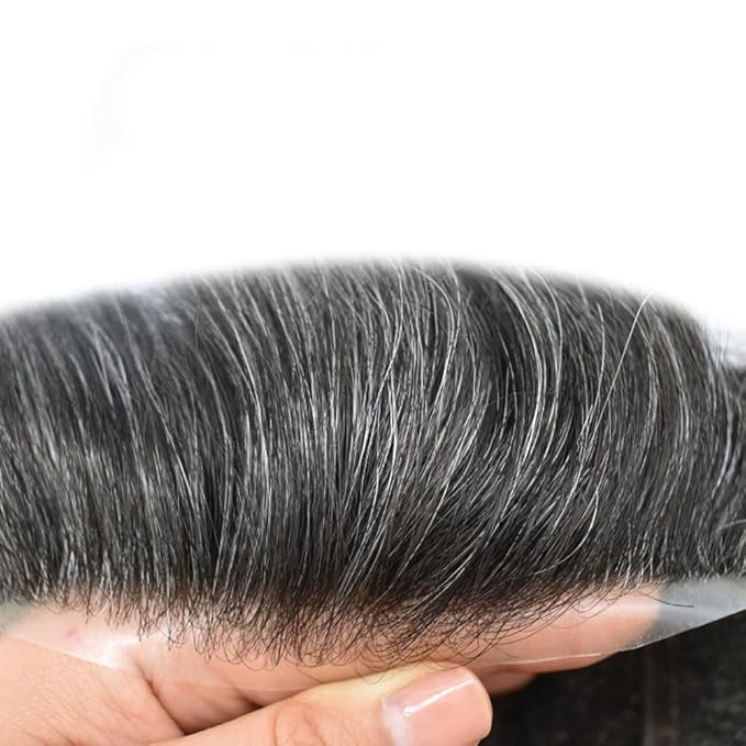 FACE MIRACLE Hair System for Men French Lace Mens Toupee Human Hair Replacement System Lace with PU Toupee for Men Male Hair Piece Wigs 8"X10" #1B40 1B# OFF BLACK WITH 40% SYNTHETIC GREY