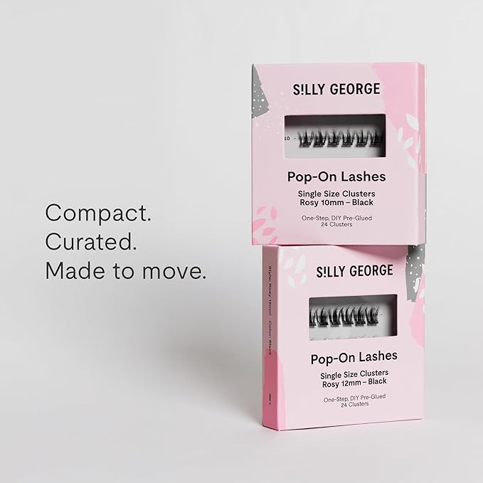 Silly George Single-Size Pop-On Lashes - DIY 1-Step Pre-Glued Faux Eyelash Cluster Kit, Natural Look Extensions, Pack of 24 Individual Clusters, Black - Rosy, 12mm