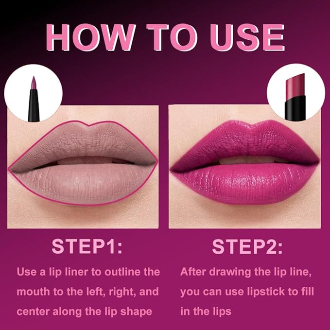 AMY'S DIARY 2Pcs Hot Pink Lipstick and Lip Liner Combo, Lip Liner and Lip Stick Kit for Women, Matte Lip Pencil and Smooth Hydrating Lipstick, Non-Stick Lip Makeup Set (05# Rose Pink)