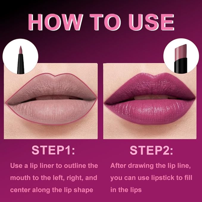 AMY'S DIARY 2Pcs Pink Purple Lipstick and Lip Liner Combo, Lip Liner and Lip Stick Kit for Women, Matte Lip Pencil and Smooth Hydrating Lipstick, Non-Stick Lip Makeup Set (03#Magenta Pink)