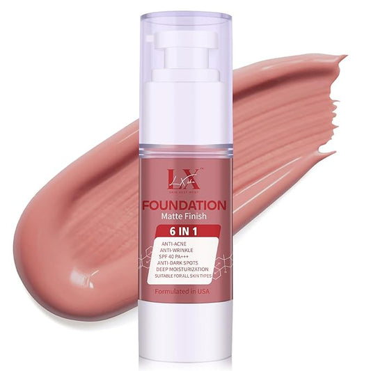 6-in-1 Makeup Infused with 1% Hyaluronic Acid- Matte + Poreless Liquid Foundation For A Glowing & Soft-Focus Look, Suitable for All Skin Types (405 Deep, 6-in-1 Makeup Foundation)