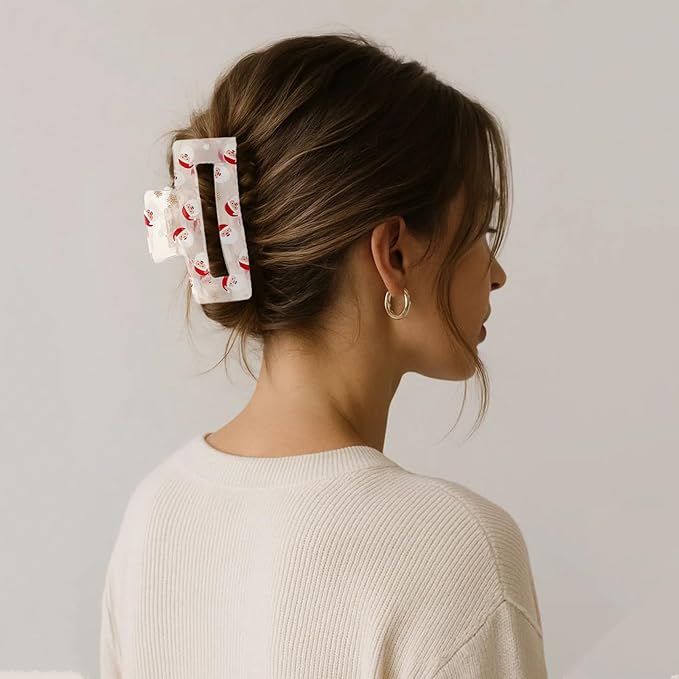 Christmas Hair Clips, Xmas Santa Claus Claw Clips, Rectangular Large Hair Claw Clips for Thick/Thin Hair, Transparent Father Christmas Design Medium Hairpin, Cute Hair Accessories