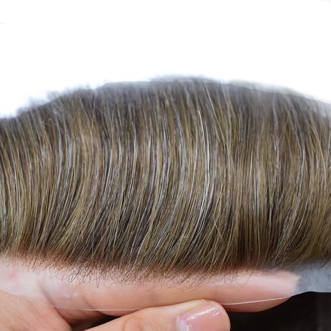 FACE MIRACLE French Lace Mens Toupee Human Hair System Lace Center Toupee for Men Thin Skin PU Around Hair Replacement System V-Looped Mens Hair Wig 6"X8" #740 7# VERY LIGHT BROWN WITH 40% GREY