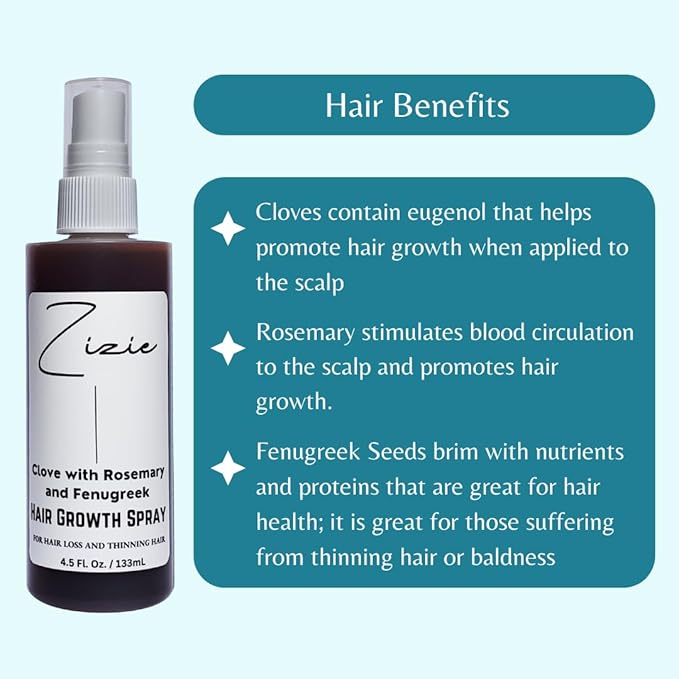 Zizie Clove Hair Growth Spray Balanced Enhancer For Thickening Damaged, Falling, Thin Hair with Rosemary & Fenugreek, Aloe Vera, Oregano, Hibiscus. For Dry, Weak Hair, for men, women
