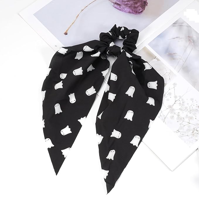 Halloween Hair Ties for Women Girls Soft Fall Ghosts Hair Scrunchies Spooky Black White Hair Tie Ribbon Hair Bows Ponytail Holder Hair Accessories