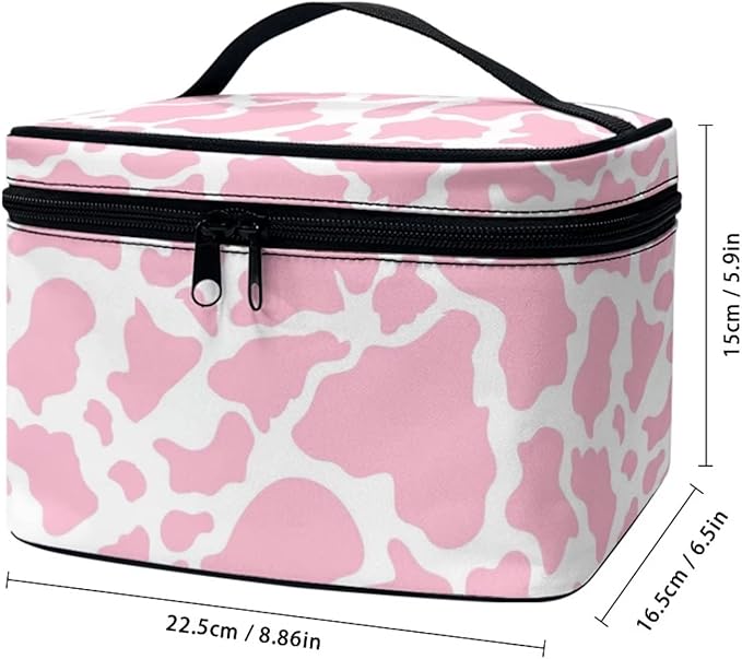 JoyLamoria Pink Cow Print Cosmetic Bag Portable Makeup Case Tote Pouch Accessories