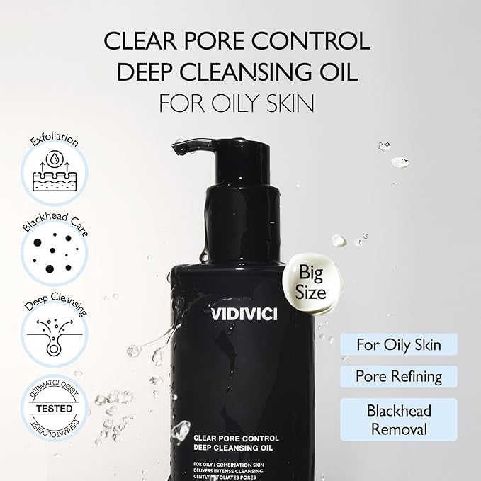 VIDIVICI Clear Pore Control Deep Cleansing Oil 10.14 fl.oz | Makeup remover with blackhead care, Korean facial cleanser for oily skin, Sebum control with Bamboo Charcoal Powder, Korean skin care