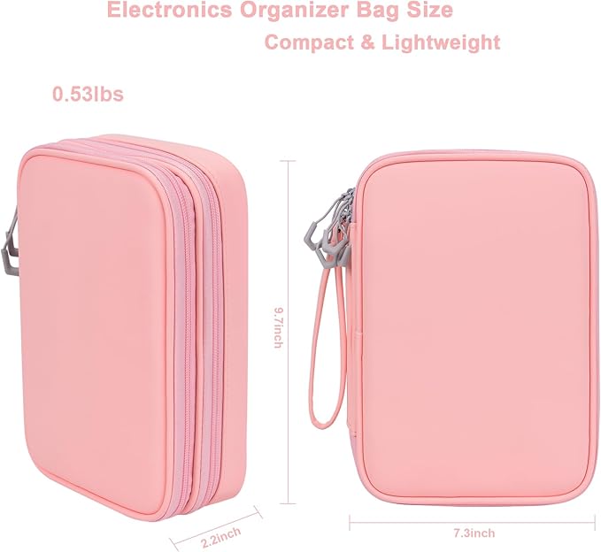 DDgro Electornics Travel Organizer Case for Cable/Cords/Charger/Tech Accessories, Large Pouch Bag for Woman (Pink, PU-Large)