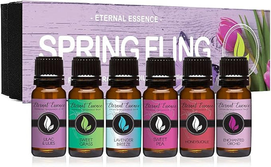 Eternal Essence Oils Spring Fling Set of 6 Premium Fragrance Oils - Includes Sweet Grass, Lilac & Lilies, Lavender Breeze, Sweet Pea, Honeysuckle and Enchanted Orchid Scented Oils - 10ML