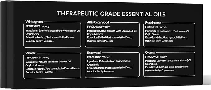 HIQILI Woodsy Fragrance Oil Set for Aromatherapy, Essential Oil Diffuser, Ideal for DIY Candles & Perfume Making, Massage Oil - Cedarwood, Frankincense, Vetiver, Rosewood, Cypress - 6x10ml