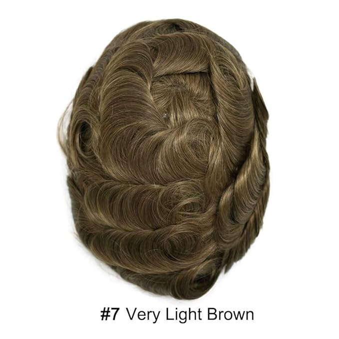FACE MIRACLE Mens Toupee Lace Front Hairpieces Soft Human Hair Replacement System Natural Hairline Toupee for Men French Lace Poly V-Looped Mens hair Units 6"X8" 7# VERY LIGHT BROWN