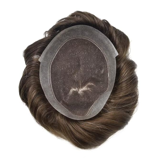 FACE MIRACLE Toupee for Men French Lace Hairpiece Human Hair Replacement System Skin PU Mens Toupee Hair Wigs for Man V-Looped Front 6"x8",#210 6"X8" #1B60 Off Black with 60% Gray-80% Light Density