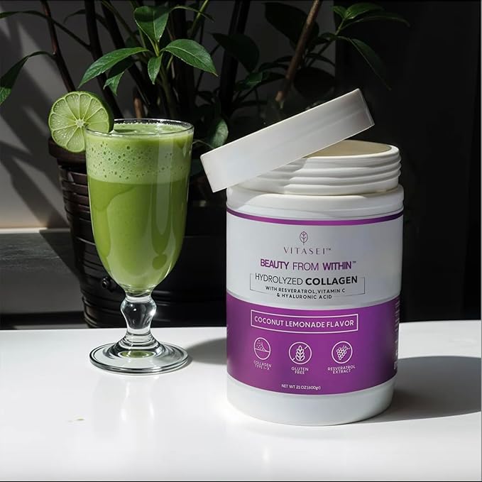 VITASEI Hydrolyzed Collagen Peptides Powder with Resveratrol & Vitamin C – Hair, Skin & Joint Support – Colágeno Hidrolizado for Women & Men – Refreshing Coconut Lemonade Flavor, 16 oz (30 Servings)