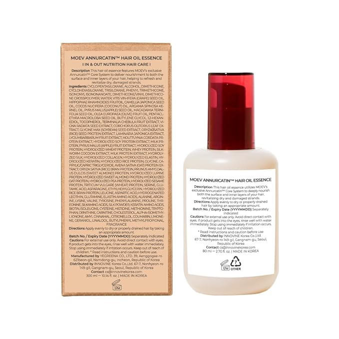 MOEV ANNURCATIN Hair Oil Essence | Korean Apple Hair Care Perfumed Serum | Heat Protect & Anti-Frizz | Nourishing Apple Seed Oil for Dry, Frizzy, Damaged Hair 2.7 fl.oz