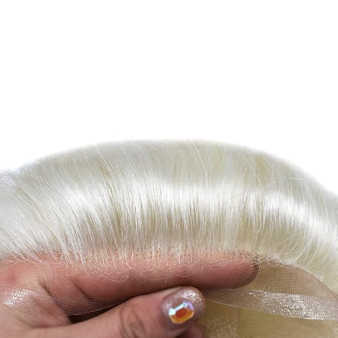 Toupee for Men French Lace Center Human Hair Replacement Systems Transparent Lace with PU Around Hair Piece Mens Toupee Hair Units for Man V-Looped Front Male Hair Prosthesis 7"X9" #60RY