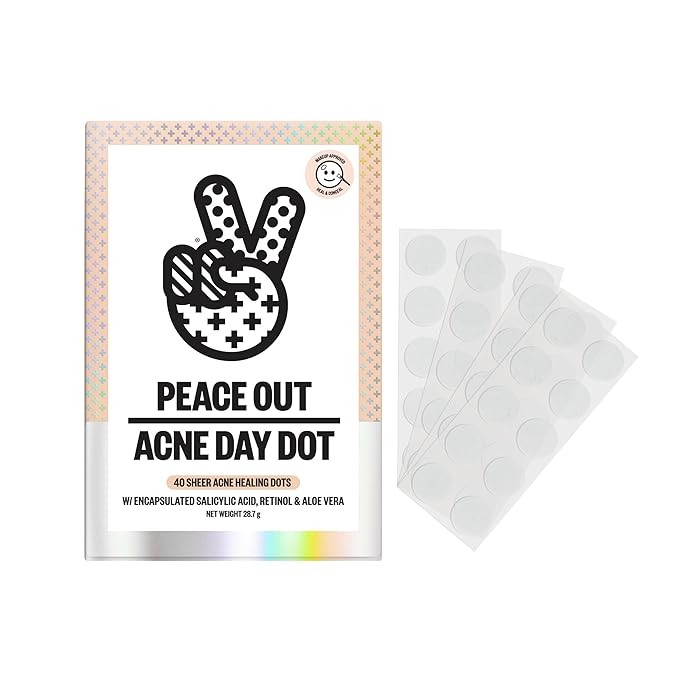 PEACE OUT Acne Day Dot, Sheer Acne Healing Dots, Virtually Invisible Wear, Hydrocolloid Pimple Patches Helps Clear Blemishes Quickly with Encapsulated Salicylic Acid, Retinol & Aloe Vera, 40 dots