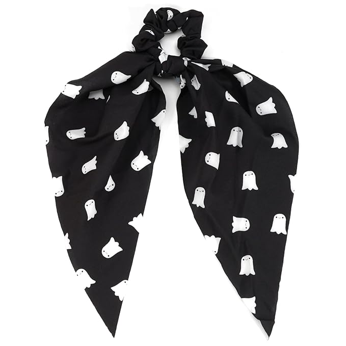 Halloween Hair Ties for Women Girls Soft Fall Ghosts Hair Scrunchies Spooky Black White Hair Tie Ribbon Hair Bows Ponytail Holder Hair Accessories