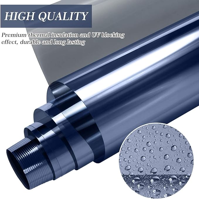 HIDBEA One Way Mirror Window Film ,Daytime Privacy Sun Blocking Reflective Window Film Static Cling Heat Control Window Tinting Film for Home and Office, Blue Silver, 35.4 x 98.4 Inch