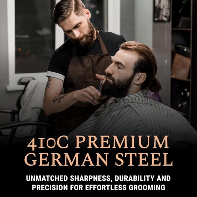 Ontaki Facial Hair Scissors - 5 Inch, Midnight Blue - High-Carbon German Steel Grooming Scissors for Beard & Mustache with Mustache Comb, Beard Comb & Leather Pouch