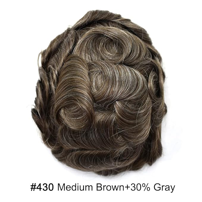 Toupee for Men French Lace Center Human Hair Replacement Systems Transparent Lace Center Hair Piece Mens Toupee Hair Units for Man V-Looped Front 8"X10" #430 4# MEDIUM BROWN WITH 30% SYNTHETIC GREY