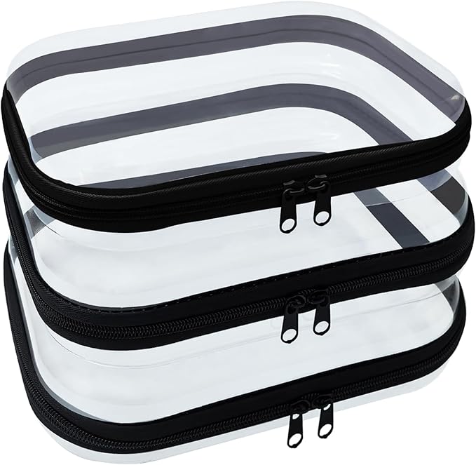 3 Piece Clear Hard Shell Zipper Case, Hard Plastic Clear Makeup Bag, TSA Approved Anti-Crush Toiletry Cosmetic Organizer Pouches for Travel & Daily