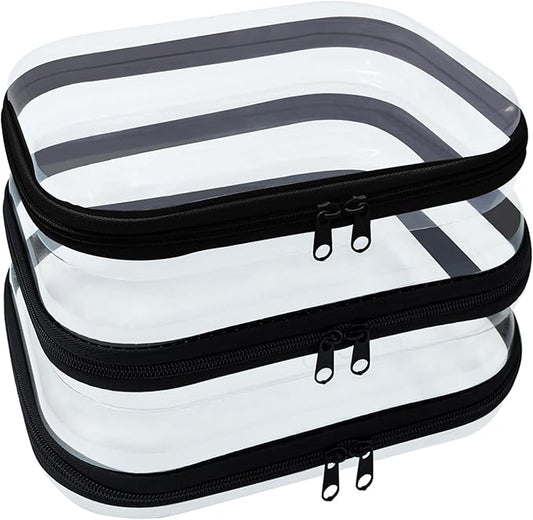 3 Piece Clear Hard Shell Zipper Case, Hard Plastic Clear Makeup Bag, TSA Approved Anti-Crush Toiletry Cosmetic Organizer Pouches for Travel & Daily