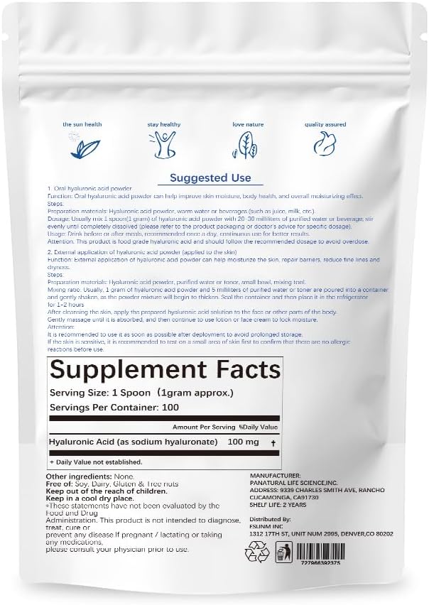 Hyaluronic Acid Powder for Skin Care,Low Molecular Weight, Cosmetics Grade | Skin Hydration and Moisture Support Supplements,Water Soluble Moisturizing Ingredient for DIY Facial Serum 3.52 oz