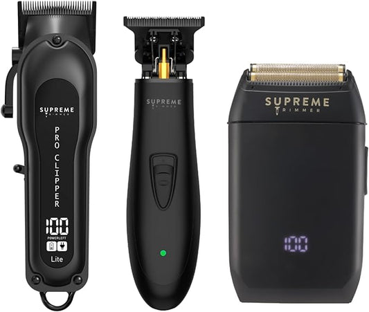 Supreme Trimmer 3-in-1 Barber Bundle | Pro Clipper Lite, T-Shaper Trimmer & Crunch Foil Shaver | Professional Beard Trimmer Men’s Hair Clipper Kit | Black
