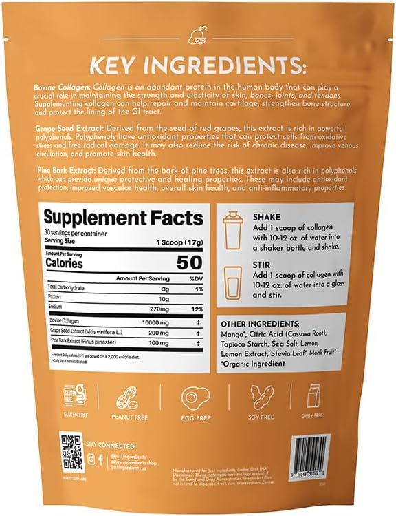 JUST INGREDIENTS Collagen Peptides – Mango Lemonade Drink Mix | 30 Servings | Bovine Collagen, Grape Seed & Pine Bark Extract | Supports Skin, Hair, Nails, Joints & Gut Health | No Sugar Added