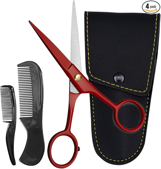Ontaki Beard Scissors & Mustache Scissors - 5-Inch, True Red - German High-Carbon Steel Bevel Edge - Grooming Kit with Beard Comb & Mustache Comb & PU Leather Pouch - Facial Hair Grooming for Men