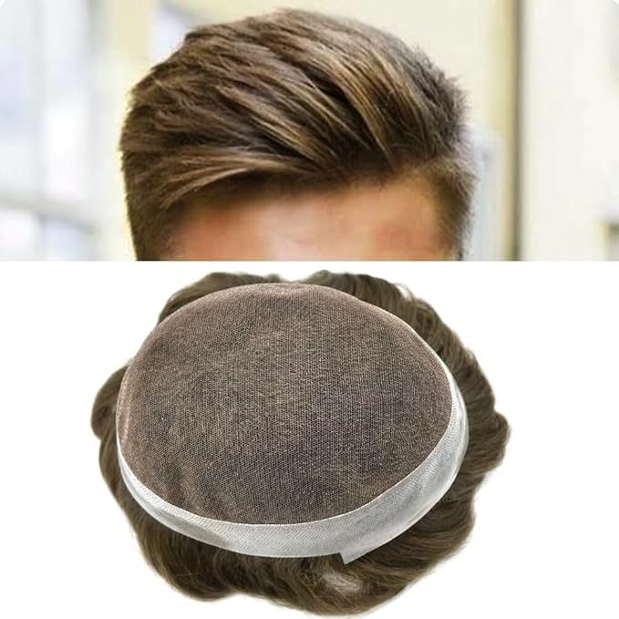 FACE MIRACLE Toupee for Men Lace Center Mens Toupee Hairpiece for Man Human Hair Replacement System Lace Center with Poly around Hair Units Mens Wig Hair Prosthesis 6"X8" 6# LIGHT BROWN