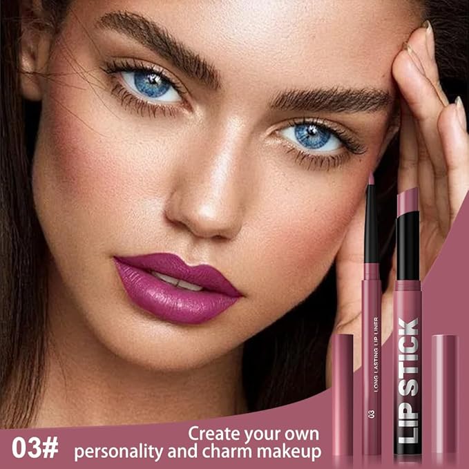 AMY'S DIARY 2Pcs Pink Purple Lipstick and Lip Liner Combo, Lip Liner and Lip Stick Kit for Women, Matte Lip Pencil and Smooth Hydrating Lipstick, Non-Stick Lip Makeup Set (03#Magenta Pink)