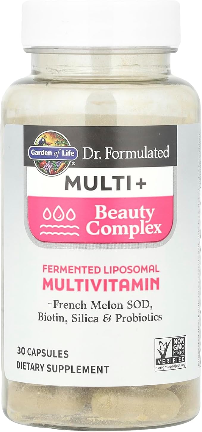 Garden of Life Dr Formulated Multi+ Beauty Complex Fermented Liposomal Multivitamin Plus Hair Skin and Nails Vitamins, French Melon SOD, Biotin & Probiotics, 30 Capsules, Supplement for Women & Men