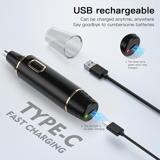 Nose Hair Trimmers for Men，Rechargeable Hair Trimmer 2 in 1 Painless Multifunctional Ear and Nose Hair Trimmer with IPX7 Waterproof Dual Edge Blades (Black)