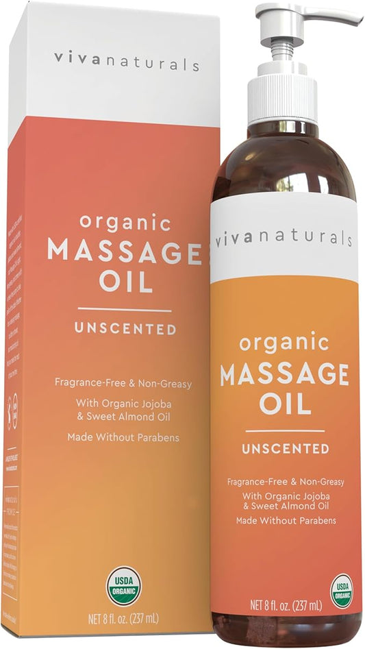 Viva Naturals Organic Massage Oil, Unscented, 8 fl oz (237 mL) – Non-Greasy, Certified Organic Massage Therapy Oils