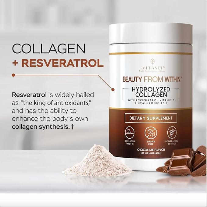 Hydrolyzed Collagen Peptides Powder with Vitamin C & Resveratrol - Hair, Skin and Nails Vitamins for Women & Men - Bone and Joint Supplement - Chocolate Flavored - 16 oz